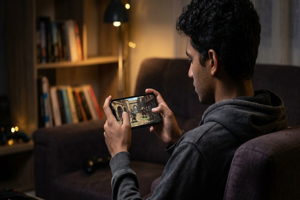 Un joueur qui teste Assassin’s Creed Rebellion sur mobile