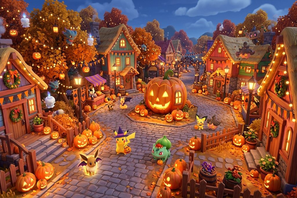 Gameplay d’un jeu similaire à Pokémon Pokopia durant Halloween