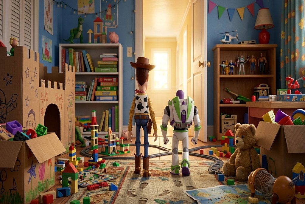 Woody et Buzz dans une chambre remplie de jouets