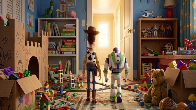 Woody et Buzz dans une chambre remplie de jouets